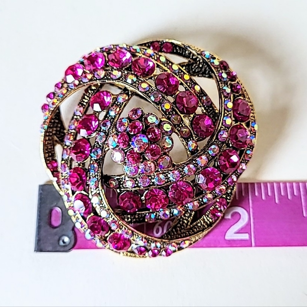 FUSCHIA AURORA BOREALIS RHINESTONE KNOT RIBBON BROOCH - Picture 3 of 5